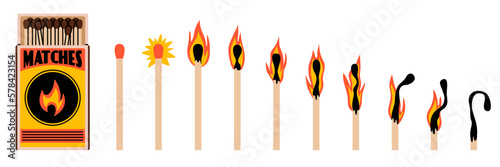 Burning matchstick animation. Combustion process, moving down flames, full of boxes with label, from spark to coal stage, cartoon elements, modern drawing style, tidy vector contemporary set