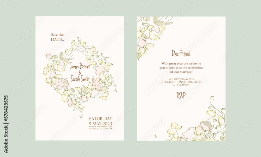 Invitation for the wedding, front and back sides with flowers drawn in doodle style