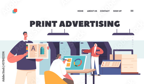 Print Advertising Landing Page Template. Printshop or Printing Service Center with Men and Women Working with Offset