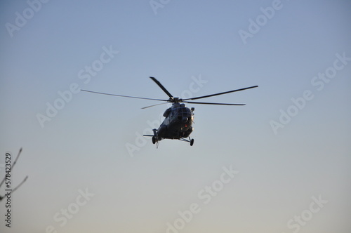 Rijeka 14.2.2023. Croatia.Military helicopter maneuvers in the blue sky. Air force Mil Mi-171Sh in Croatian sky. Military Helicopter Flight. Transporting injured people from island.