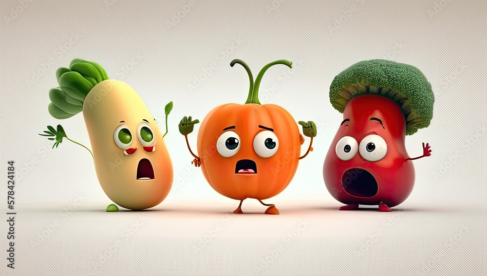 Happy 3 Various Vegetables, Cute Cartoon 3D Collection, Simple Background, Illustration generative ai