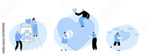 Set Volunteering, Charity Support. Tiny Volunteer Characters Collecting Hearts In Donation Jar. Help Campaign