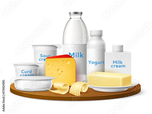 Realistic dairy healthy products background. Milk food and drinks composition, plastic, glass and cardboard packaging, yogurt and cheese, white blank labels 3d elements, utter vector concept