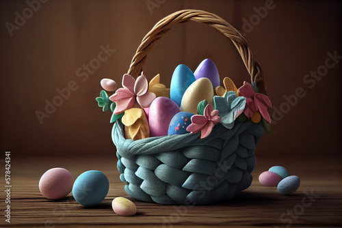 A basket of colorful easter eggs sits on a wooden table Generative ai