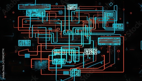 Algorithms concept illustration. A complex flowchart of interconnected boxes and lines. Abstract logic and decision making processes. Generative AI photo