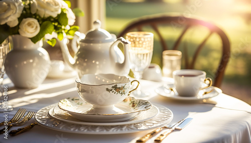 Luxury porcelain crockery set for traditional English tea and breakfast, served outdoors with the sunny morning landscape on background. Generative Ai. photo