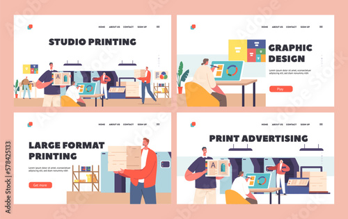 Studio Printing Landing Page Template Set. Advertising Agency, Polygraphy Industry. Characters Designers Work