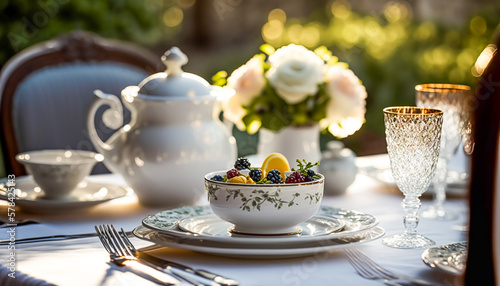 Luxury porcelain crockery set for traditional English tea and breakfast, served outdoors with the sunny morning landscape on background. Generative Ai. photo