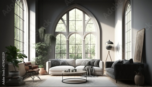 a living room with a large window in a digital rendering. Generative AI.