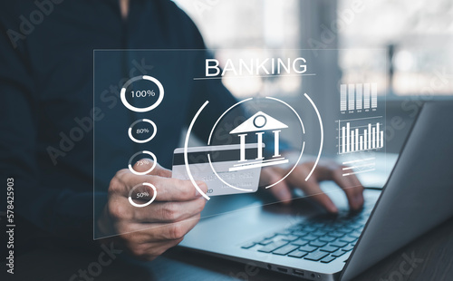 Online Banking apps, business people using finance and banking on the internet, and Commercial e-commerce technology. Digital online payment and shopping on the network connection.