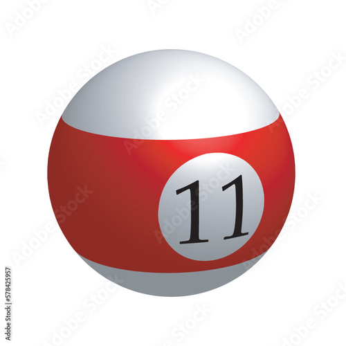 Red pool ball number eleven icon isolated on white background, realistic 3d stripe glossy number 11 billiard ball. Vector illustration photo