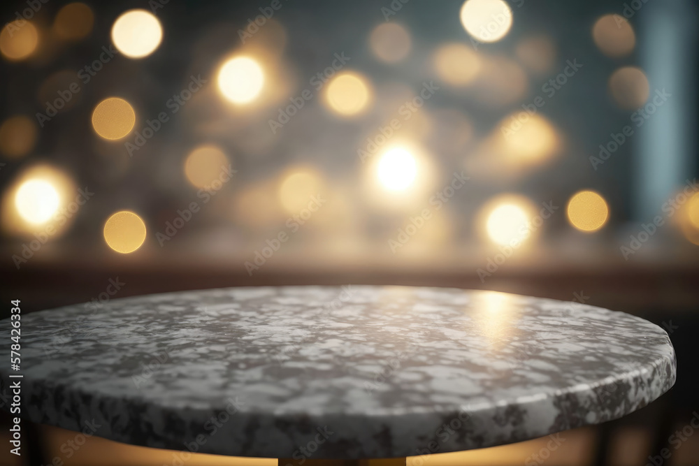 An elegant depiction of a marble table, complete with subtle textures and a blurred bokeh background. The cool and muted color palette creates a chic and modern atmosphere. Generative AI