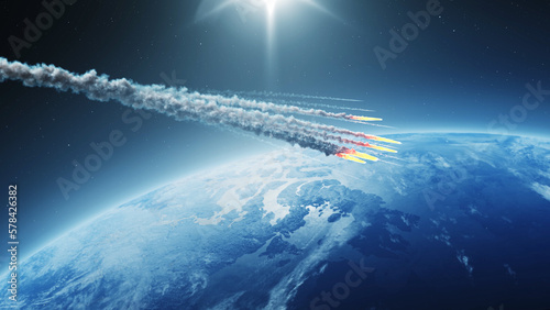 3d rendering Multiple asteroids Heading planet earth  2022  outer space view