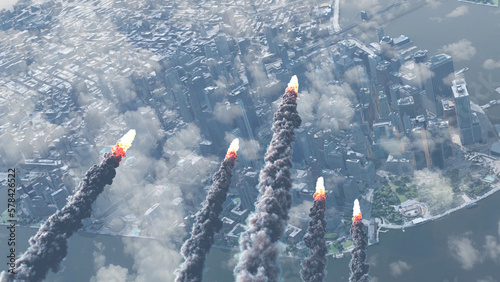 Foto 3d rendering, Asteroids or Rockets Above New York Manhattan,Aerial,2023
New york