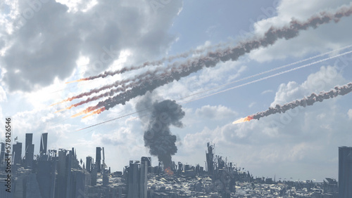 3d rendering, Burning Asteroids or Rockets Above New York city,AerialCinematic view of New york city with meteors above 