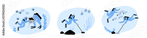 Set Divers Treasure Hunters with Metal Detectors in Scuba Diving Suits Research Ocean Bottom Vector Illustration