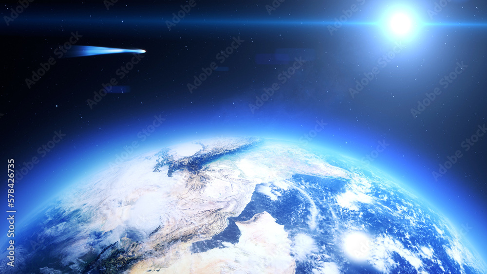 Fototapeta premium 3d rendering, Large white blue comet very close to impact earth, Outer space view