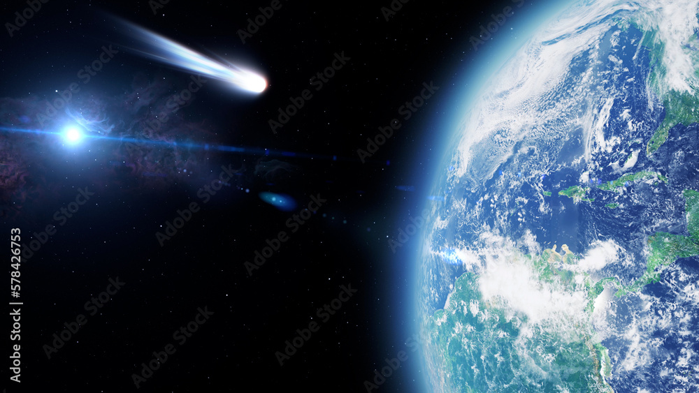 Fototapeta premium 3d rendering, Large white blue comet very close to impact earth, Outer space view