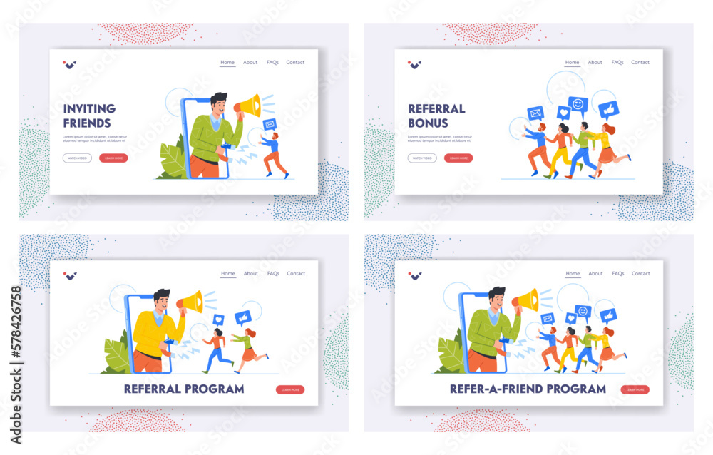 Refer a Friend Program Landing Page Template Set. Male Character with Bullhorn Attracting Customers from Smartphone Refer a Friend Program Landing Page Template Set. Male Character with Bullhorn Attracting Customers from Smartphone