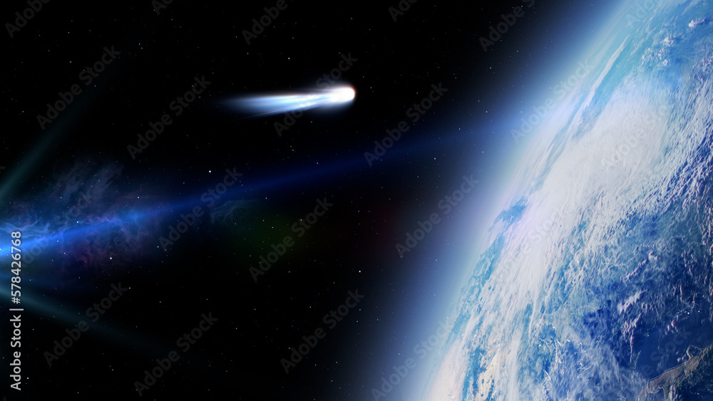 Obraz premium 3d rendering, Earth and close white comet, Outer space view