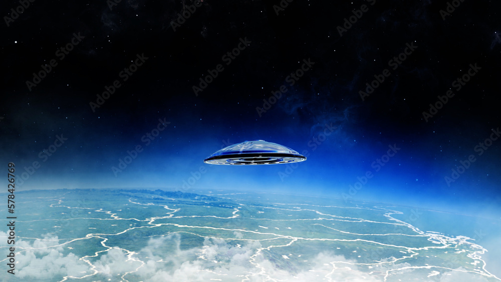 Naklejka premium 3d rendering,Flying saucer ufo over Earth Atmosphere, Outer space viewA spaceship flies through the earth cloudy atmosphere, 2022 