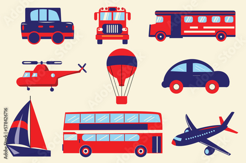 Vector blue and red flat transport icons collection