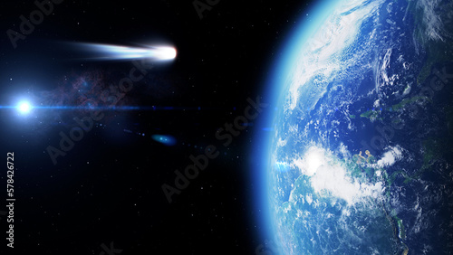 3d rendering, Large white blue comet very close to impact earth, Outer space view