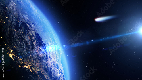 Fototapeta Naklejka Na Ścianę i Meble -  3d rendering,
Large white blue comet very close to impact earth, Outer space view