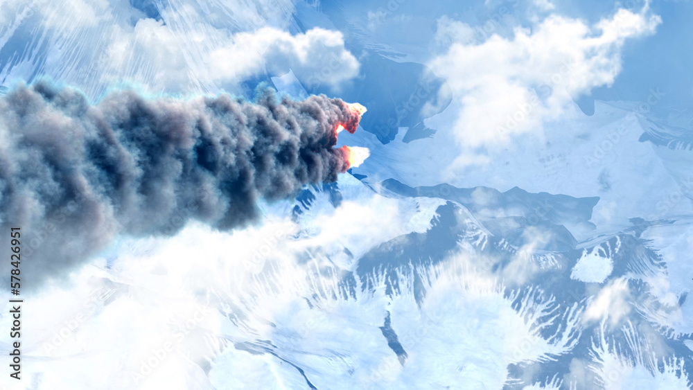 3d rendering,Meteors asteroids or rockets flying over Snowy mountains alps
Aerial view over burning meteors or rockets flying over the clouds, Cinematic view,2022,global extinction threat concept
