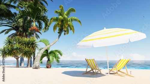 Fototapeta Naklejka Na Ścianę i Meble -  Beautiful beach. Chairs on the beach near the sea. 3d rendering. Summer vacation and vacation concept for tourism. inspiring tropical landscape.
