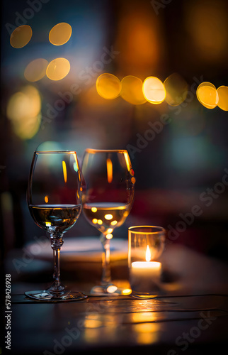 two wine glass on a table  italian restaurant. ai generative