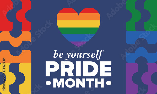 LGBT Pride Month in June. Lesbian Gay Bisexual Transgender. Celebrated annual. LGBT flag. Rainbow love concept. Human rights and tolerance. Poster, card, banner and background. Vector illustration