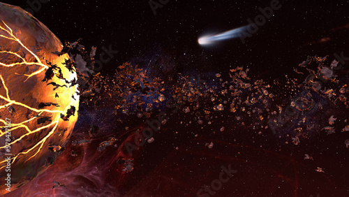 3D rendering of deep space with dying stars, lava and asteroids surrounding. 2023