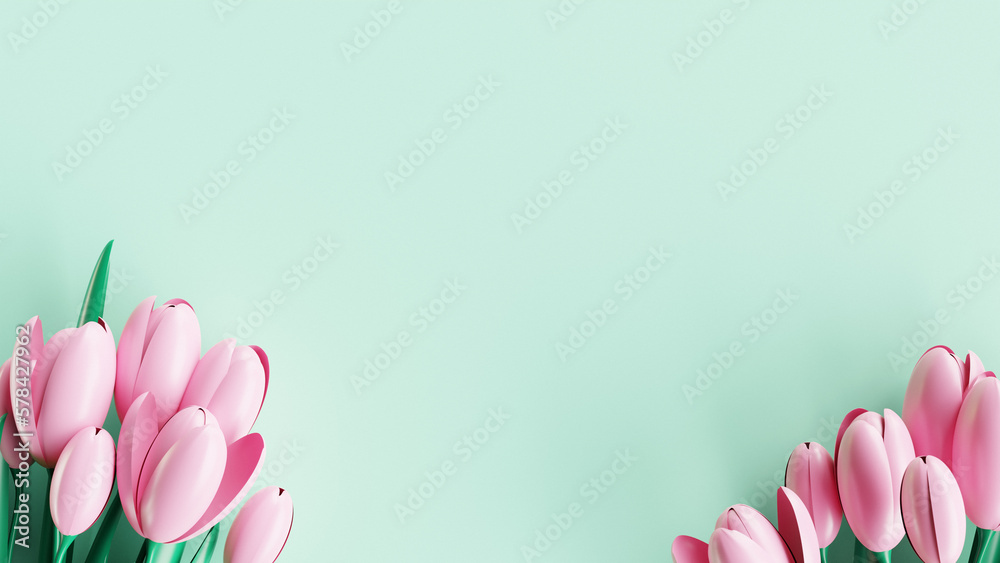 Pink tulips flowers on green background. 3D render