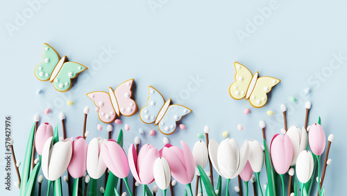 Easter butterfly gingerbread cookies and tulips on green background. 3D render