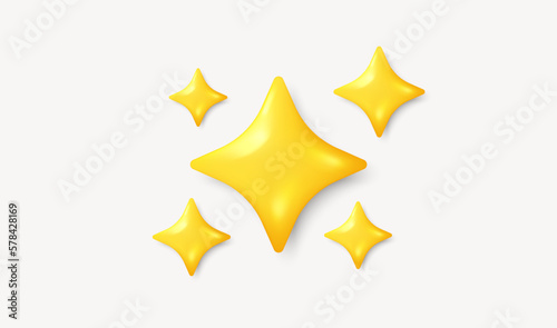 Yellow stars shapes. Realistic 3d stars in cartoon style. Game rating symbol. Glare flash symbol  best award rating star. Review feedback  like and winner rank. Vector illustration