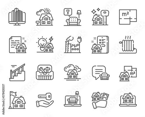 Buildings property line icons. Home floor plan, Apartment furniture and Real estate set. Factory building, city office and property mortgage line icons. New home, radiator and stairs. Vector