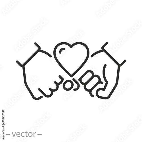 friendship or love of pinky oath icon, promise truce, reconciliation concept, thin line symbol on white background - editable stroke vector illustration eps10