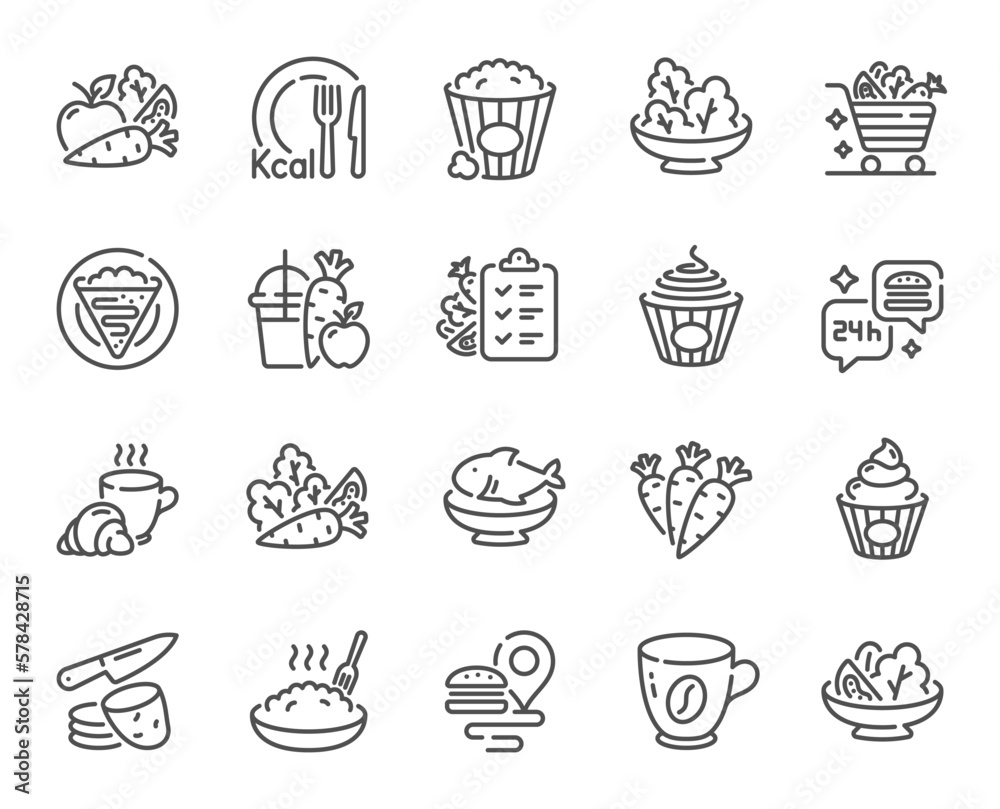 Healthy food line icons. Salad with arugula, Cook meal and Diet menu set. Crepe, popcorn food and porridge line icons. Healthy carrots vegetable, fast food delivery and Kcal menu. Vector