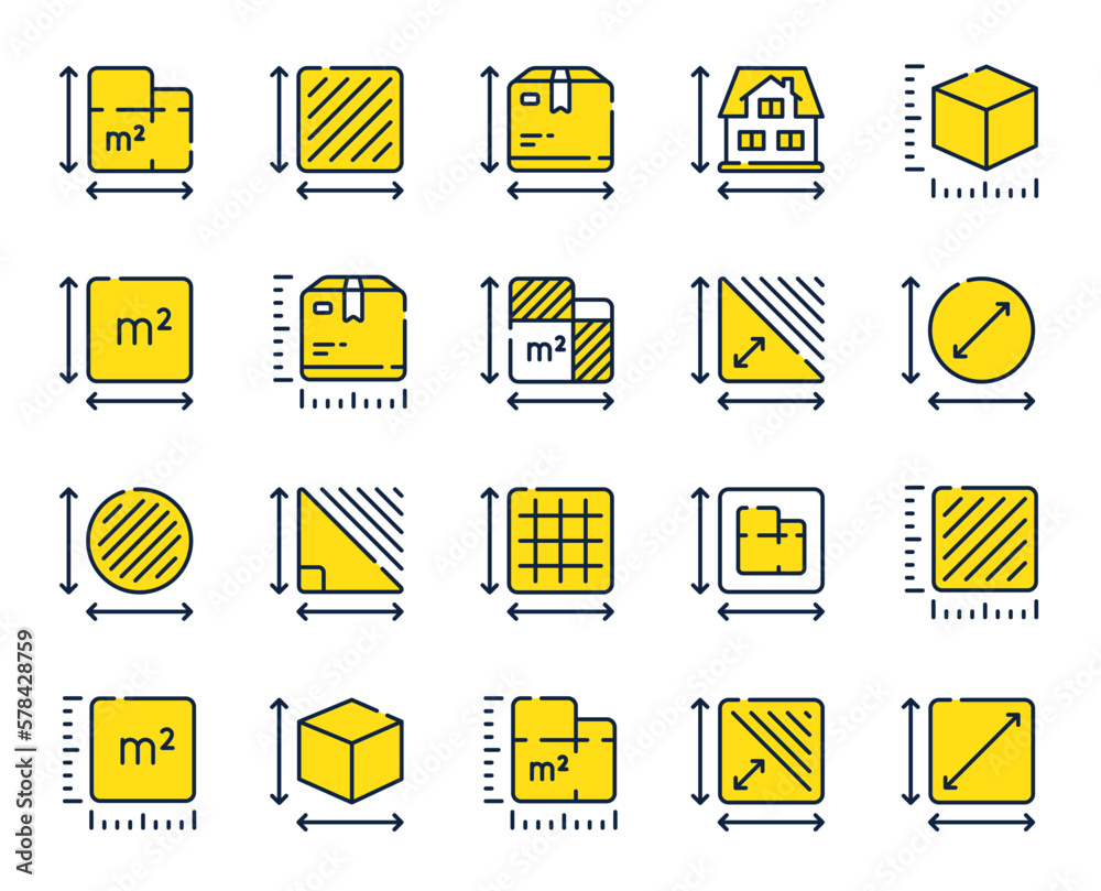 Dimension line icons. Square meter, Area size and Floor plan set. Box