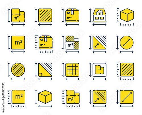 Dimension line icons. Square meter, Area size and Floor plan set. Box size dimension, room space and perimeter line icons. Post office package sizes, square area and triangle corner. Vector