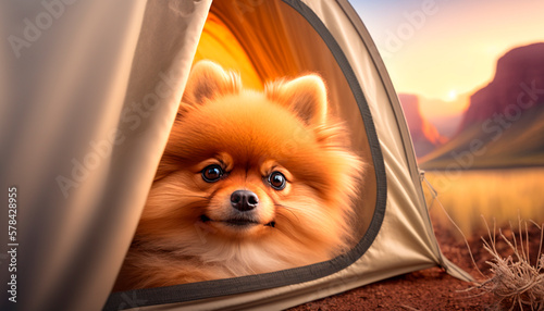 Camping companion: Pomeranian pup peeking out of tent