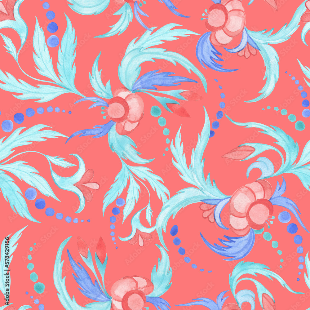 Abstract flowers and leaves in retro traditional folk style watercolor seamless pattern. Endless hand drawn background for wallpaper and fabric in turquoise and coral colors.