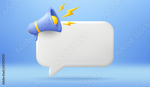 Empty reminder chat bubble. Push notice alert with megaphone offer icon. Phone 3d message template. Speech bubble with loudspeaker. Offer speaker chat box banner. Megaphone alert. Vector illustration