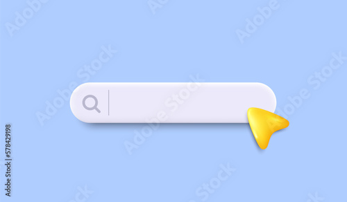 3d search bar template for website. Navigation search for web browser. Yellow 3d arrow mouse cursor. Ask question template banner. Support FAQ information web bar. Vector