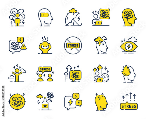 Stress line icons. Mental health, depression and confusion thoughts. Frustrated man, negative mood, panic fear outline icons. Stress pressure and psychology mental problems. Bad depression. Vector © blankstock