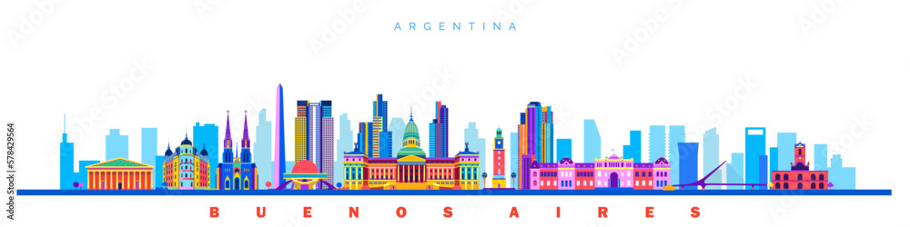 Buenos aires city skyline landmarks abstract colored symbol buildings, Argentina