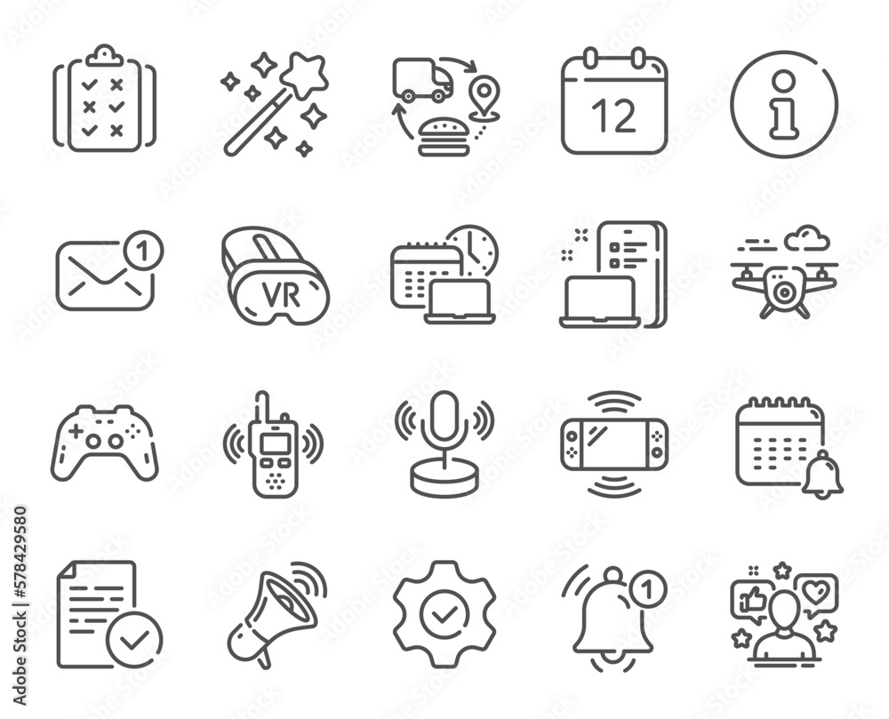 Tech line icons. Game console, Joystick gamepad and Quiz report set. Microphone tech, Radio set and Report reminder icons. Annual calendar, supply chain and notice alert. Social media user. Vector Tech line icons. Game console, Joystick gamepad and Quiz report set. Microphone tech, Radio set and Report reminder icons. Annual calendar, supply chain and notice alert. Social media user. Vector