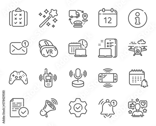 Tech line icons. Game console, Joystick gamepad and Quiz report set. Microphone tech, Radio set and Report reminder icons. Annual calendar, supply chain and notice alert. Social media user. Vector