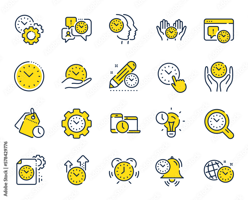 Time management line icons. Alarm clock, timer plan and project deadline signs. Countdown clock, time log and appointment reminder icons. People work, watch and office timer. Vector